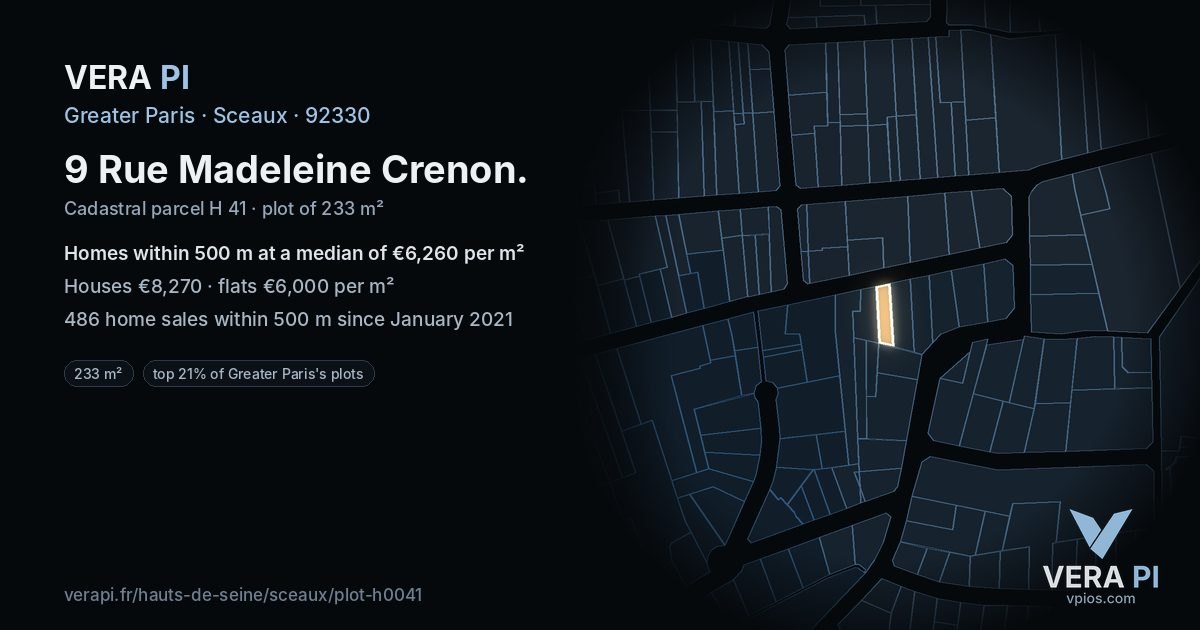 9 Rue Madeleine Crenon, Sceaux at night – the plot lit, the parcels around coloured by the prices near them