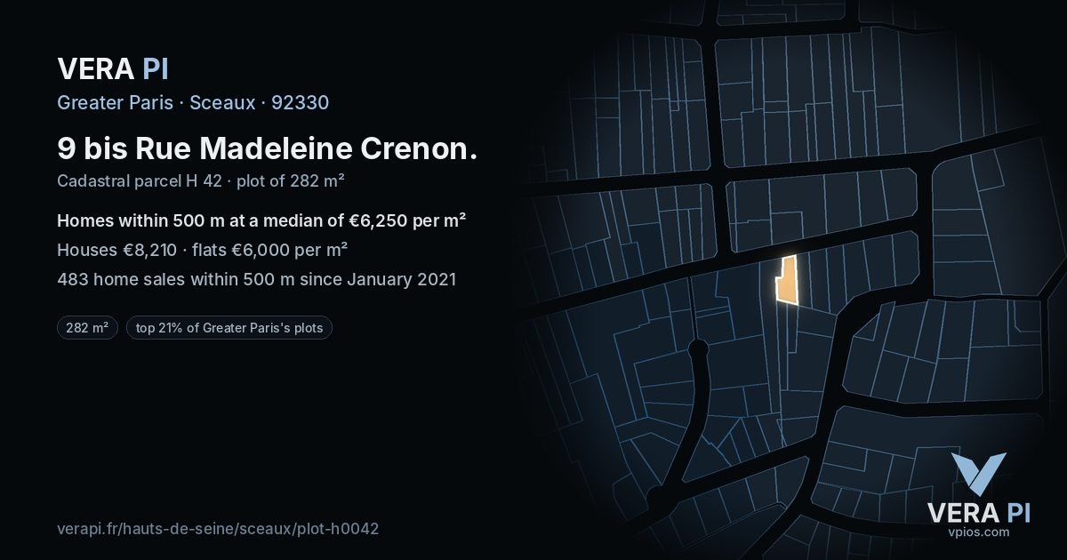 9 bis Rue Madeleine Crenon, Sceaux at night – the plot lit, the parcels around coloured by the prices near them