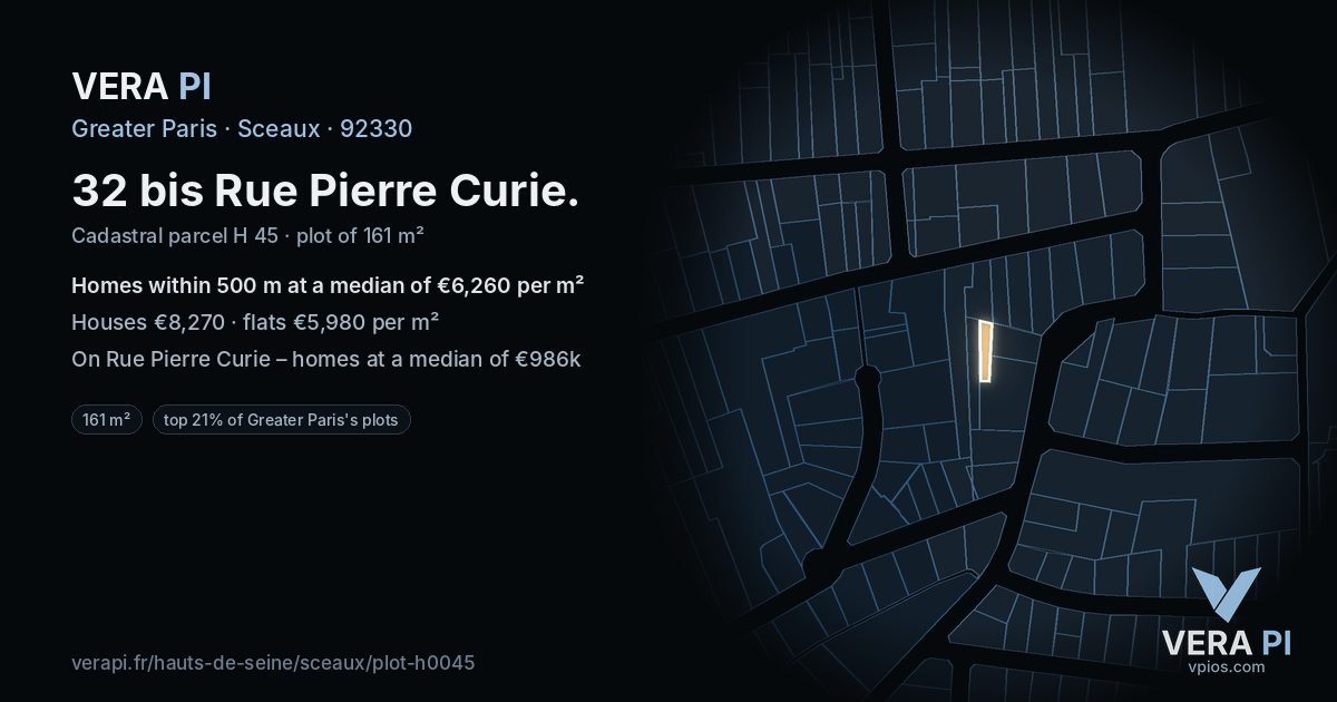 32 bis Rue Pierre Curie, Sceaux at night – the plot lit, the parcels around coloured by the prices near them
