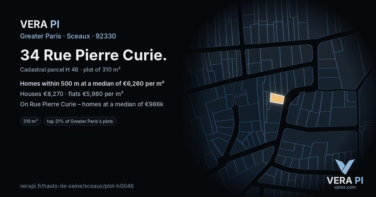 34 Rue Pierre Curie, Sceaux at night – the plot lit, the parcels around coloured by the prices near them