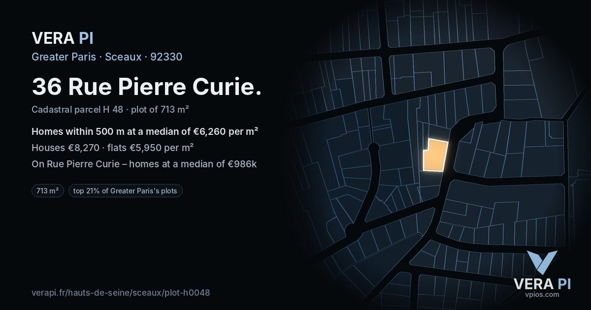 36 Rue Pierre Curie, Sceaux at night – the plot lit, the parcels around coloured by the prices near them