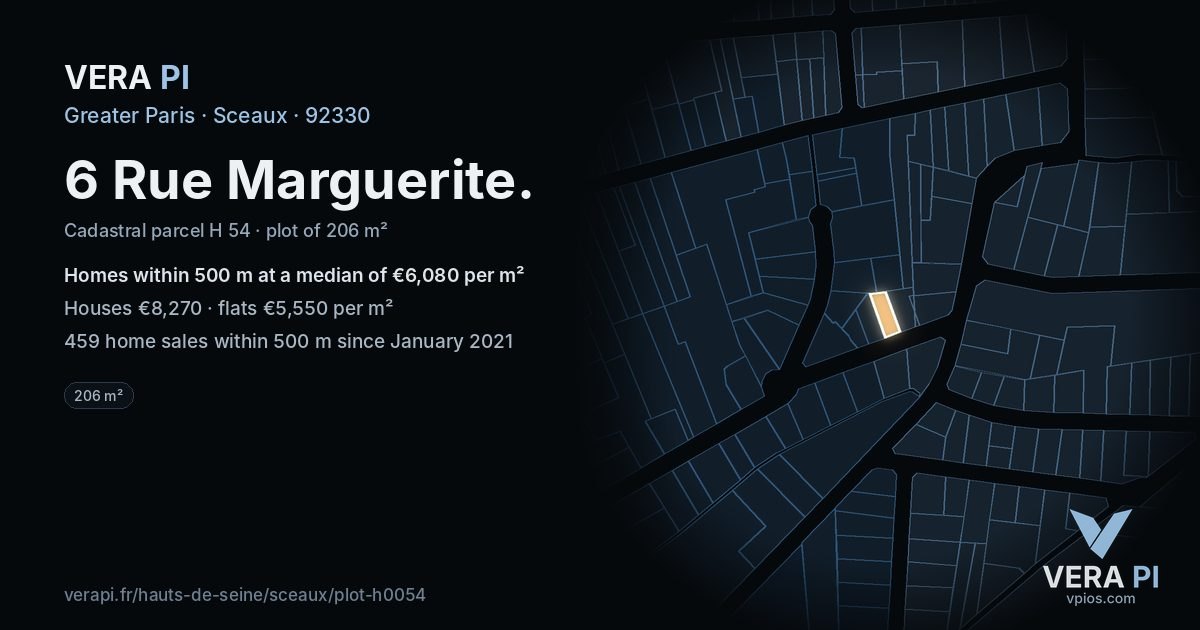 6 Rue Marguerite, Sceaux at night – the plot lit, the parcels around coloured by the prices near them