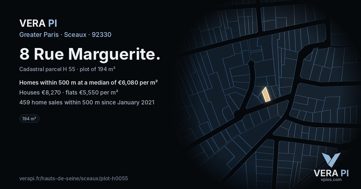 8 Rue Marguerite, Sceaux at night – the plot lit, the parcels around coloured by the prices near them