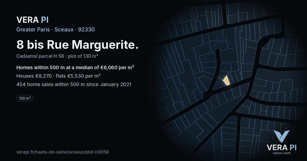 8 bis Rue Marguerite, Sceaux at night – the plot lit, the parcels around coloured by the prices near them