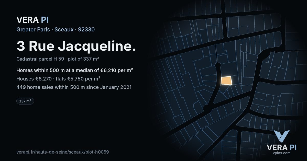3 Rue Jacqueline, Sceaux at night – the plot lit, the parcels around coloured by the prices near them