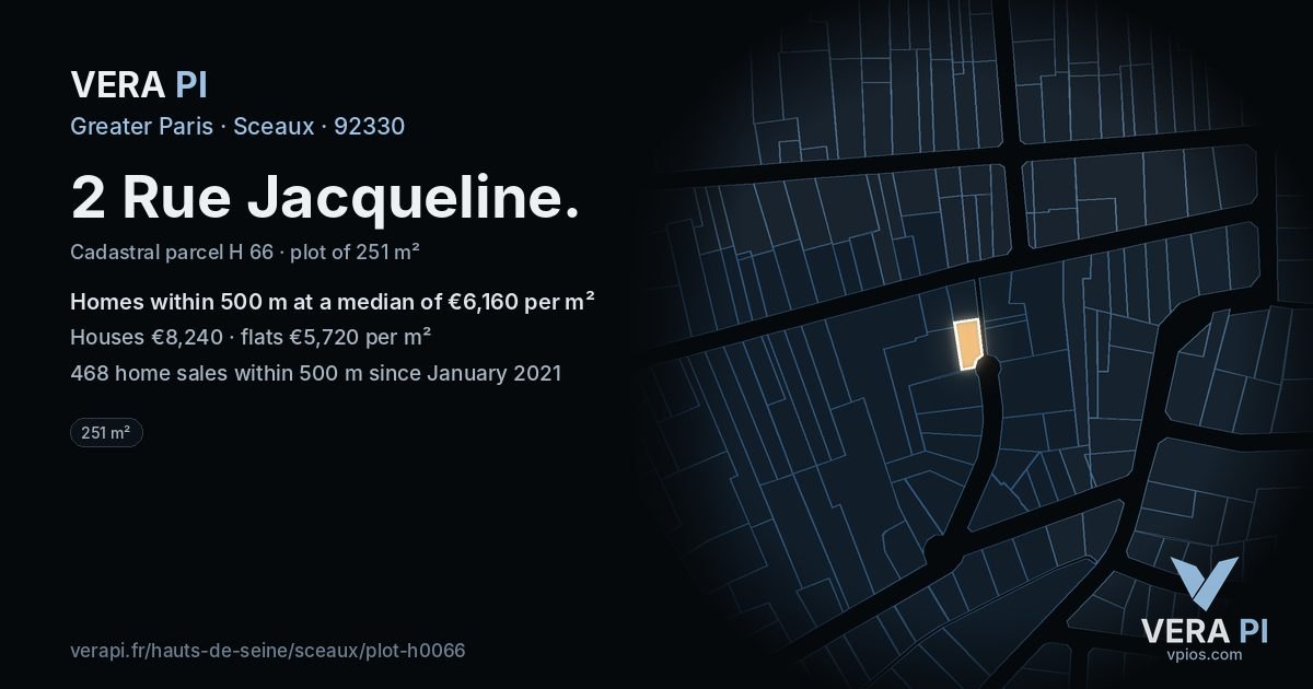 2 Rue Jacqueline, Sceaux at night – the plot lit, the parcels around coloured by the prices near them