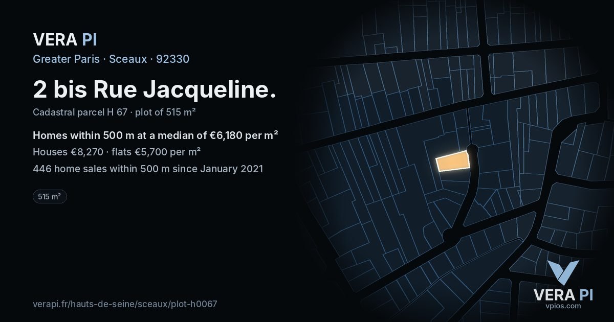 2 bis Rue Jacqueline, Sceaux at night – the plot lit, the parcels around coloured by the prices near them