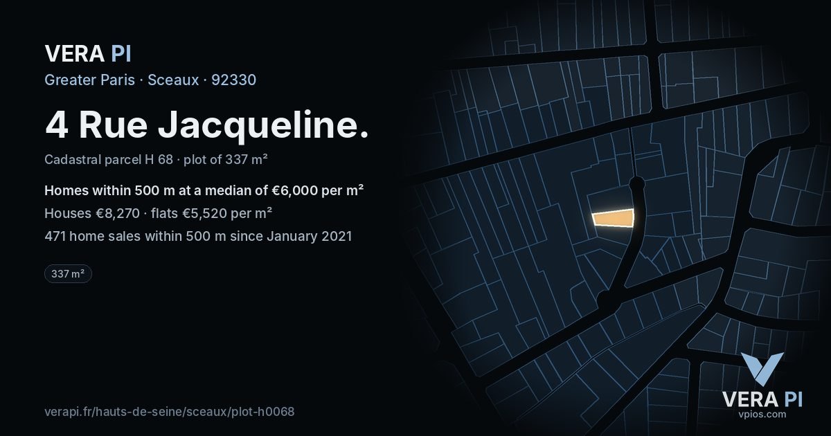 4 Rue Jacqueline, Sceaux at night – the plot lit, the parcels around coloured by the prices near them