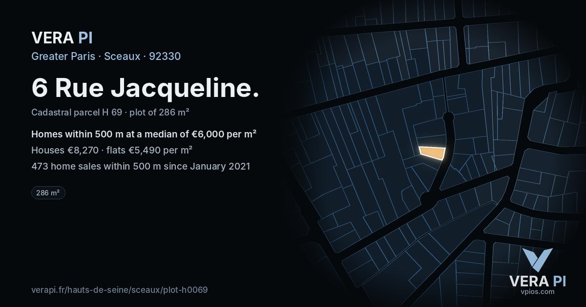 6 Rue Jacqueline, Sceaux at night – the plot lit, the parcels around coloured by the prices near them