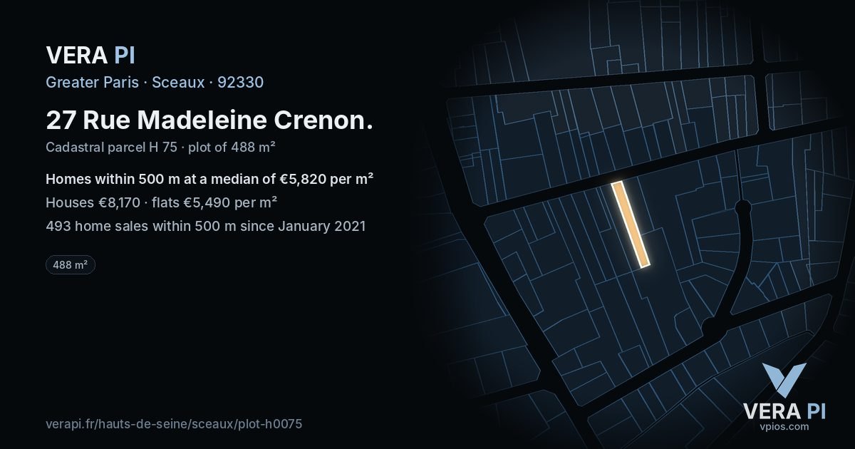 27 Rue Madeleine Crenon, Sceaux at night – the plot lit, the parcels around coloured by the prices near them