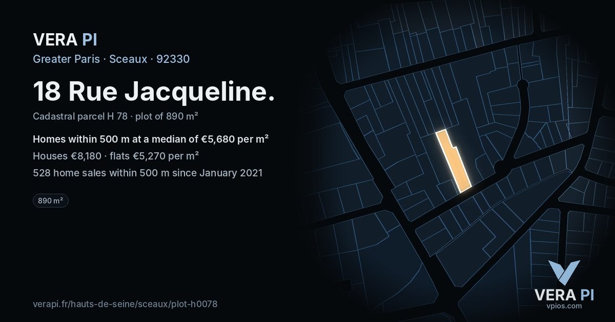 18 Rue Jacqueline, Sceaux at night – the plot lit, the parcels around coloured by the prices near them