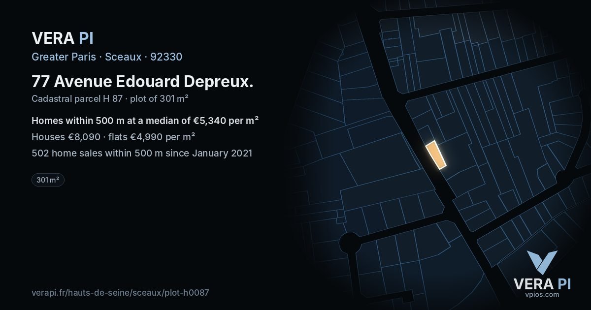 77 Avenue Edouard Depreux, Sceaux at night – the plot lit, the parcels around coloured by the prices near them