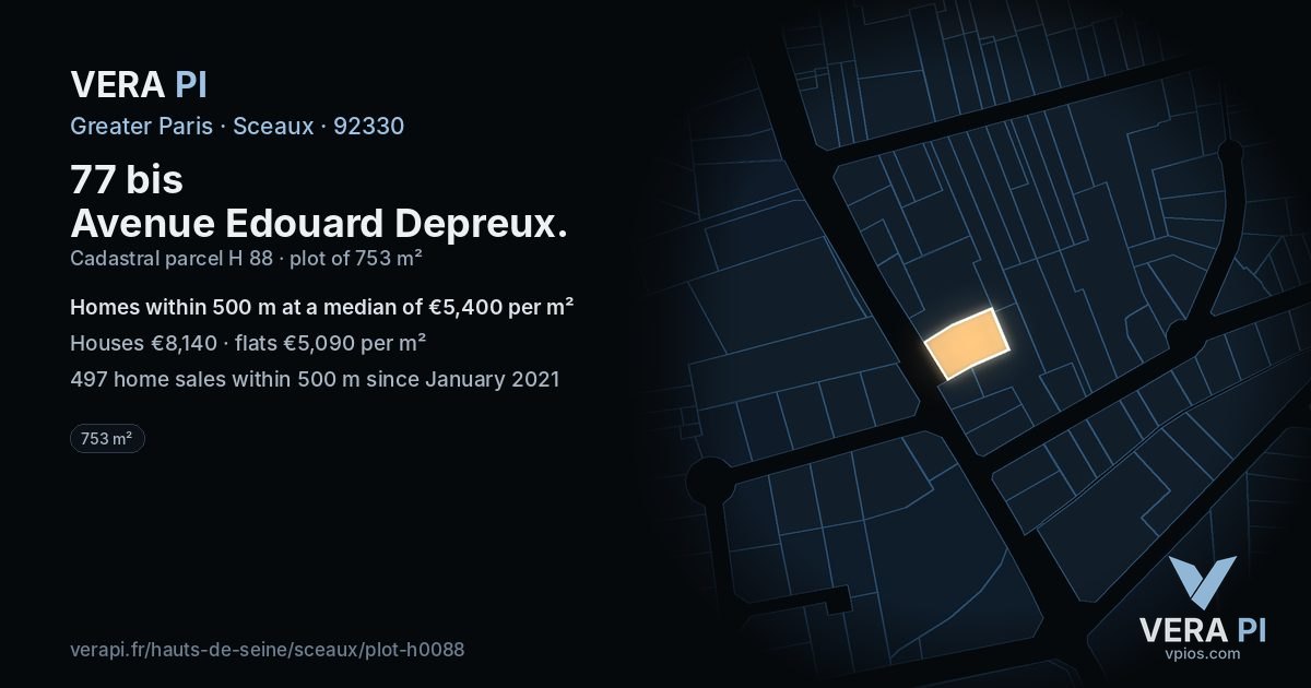 77 bis Avenue Edouard Depreux, Sceaux at night – the plot lit, the parcels around coloured by the prices near them