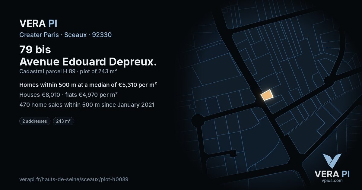 79 bis Avenue Edouard Depreux, Sceaux at night – the plot lit, the parcels around coloured by the prices near them