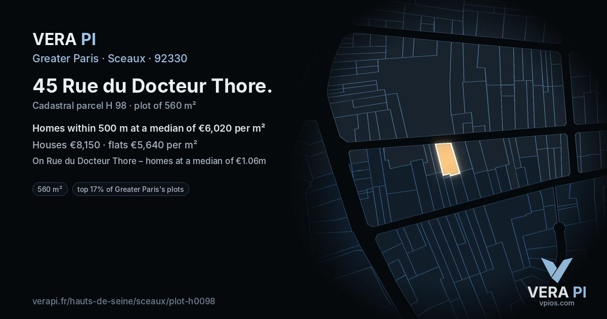 45 Rue du Docteur Thore, Sceaux at night – the plot lit, the parcels around coloured by the prices near them