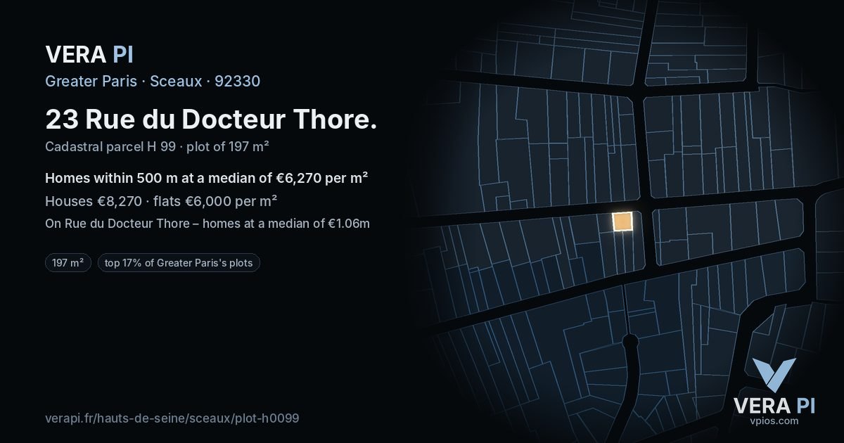 23 Rue du Docteur Thore, Sceaux at night – the plot lit, the parcels around coloured by the prices near them