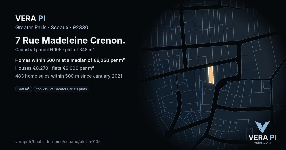 7 Rue Madeleine Crenon, Sceaux at night – the plot lit, the parcels around coloured by the prices near them
