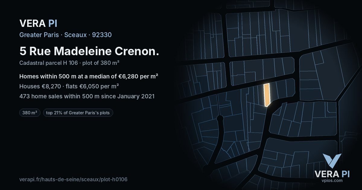 5 Rue Madeleine Crenon, Sceaux at night – the plot lit, the parcels around coloured by the prices near them