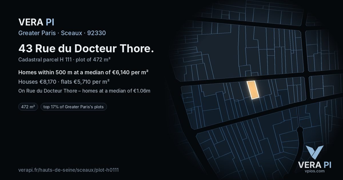 43 Rue du Docteur Thore, Sceaux at night – the plot lit, the parcels around coloured by the prices near them