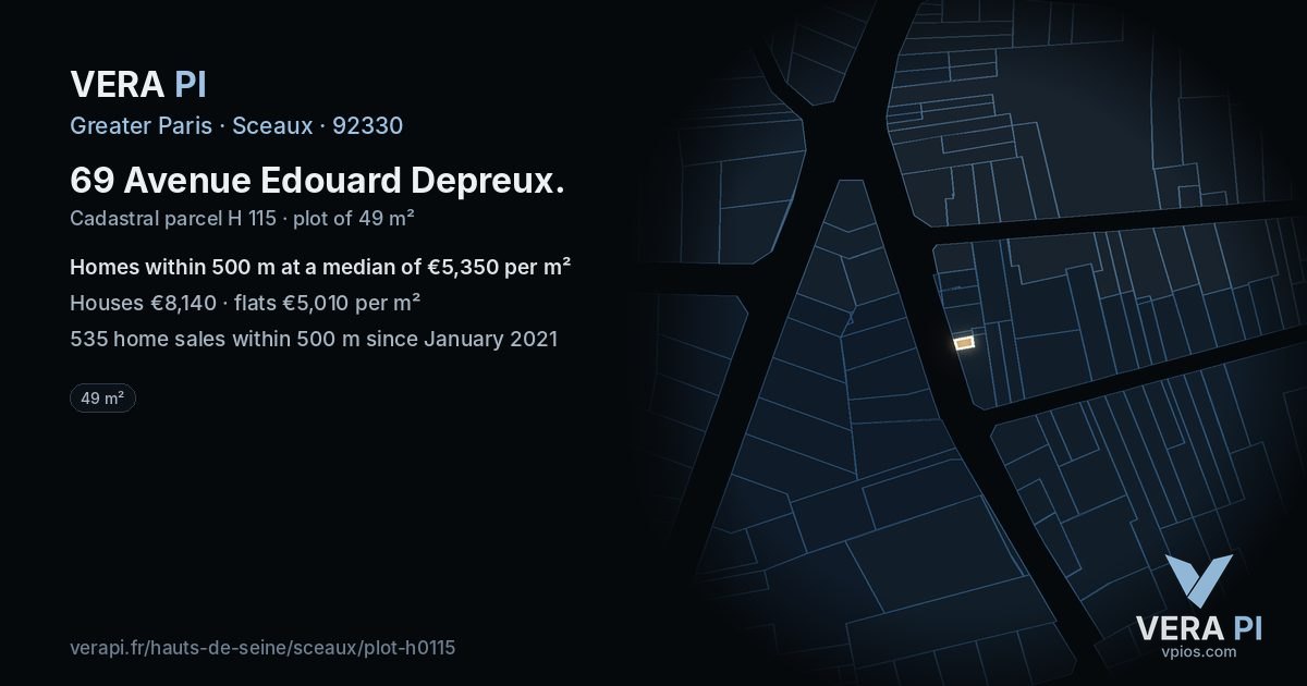 69 Avenue Edouard Depreux, Sceaux at night – the plot lit, the parcels around coloured by the prices near them