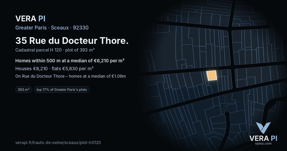 35 Rue du Docteur Thore, Sceaux at night – the plot lit, the parcels around coloured by the prices near them
