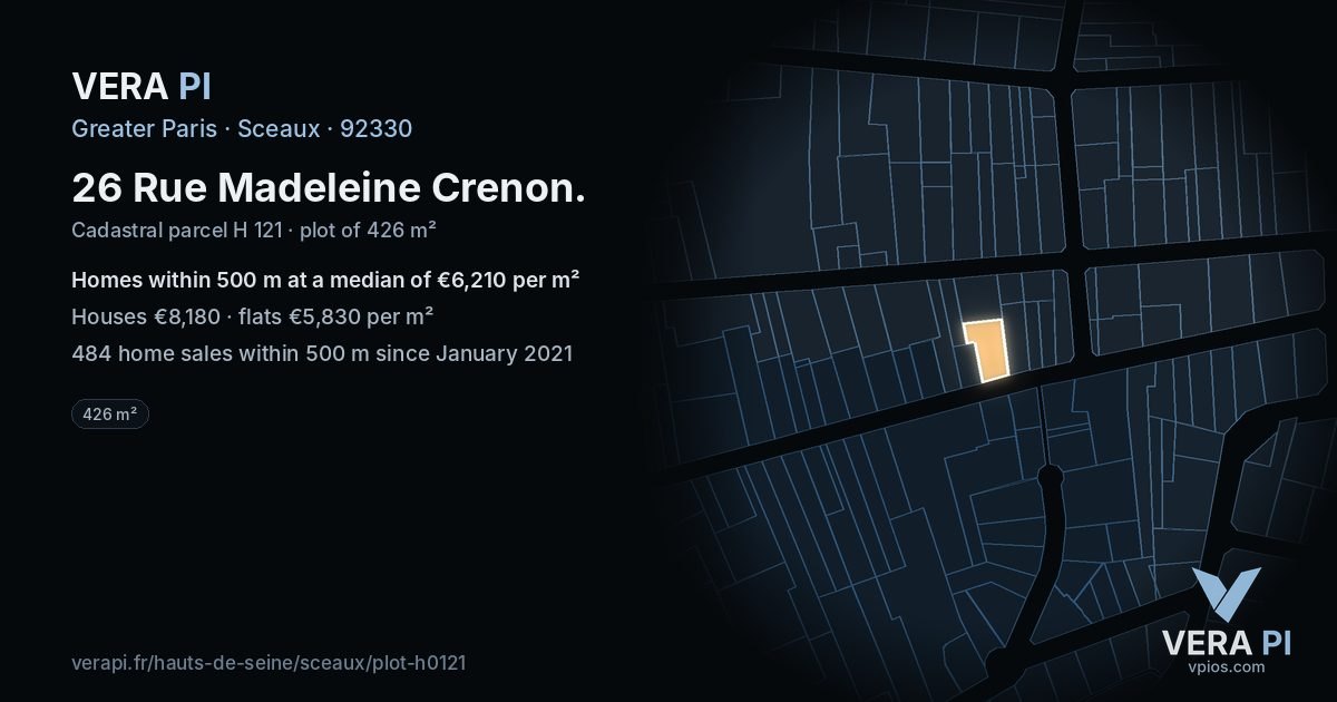 26 Rue Madeleine Crenon, Sceaux at night – the plot lit, the parcels around coloured by the prices near them