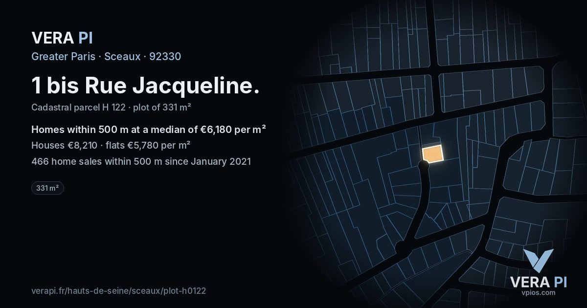 1 bis Rue Jacqueline, Sceaux at night – the plot lit, the parcels around coloured by the prices near them