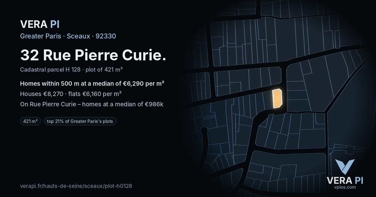 32 Rue Pierre Curie, Sceaux at night – the plot lit, the parcels around coloured by the prices near them