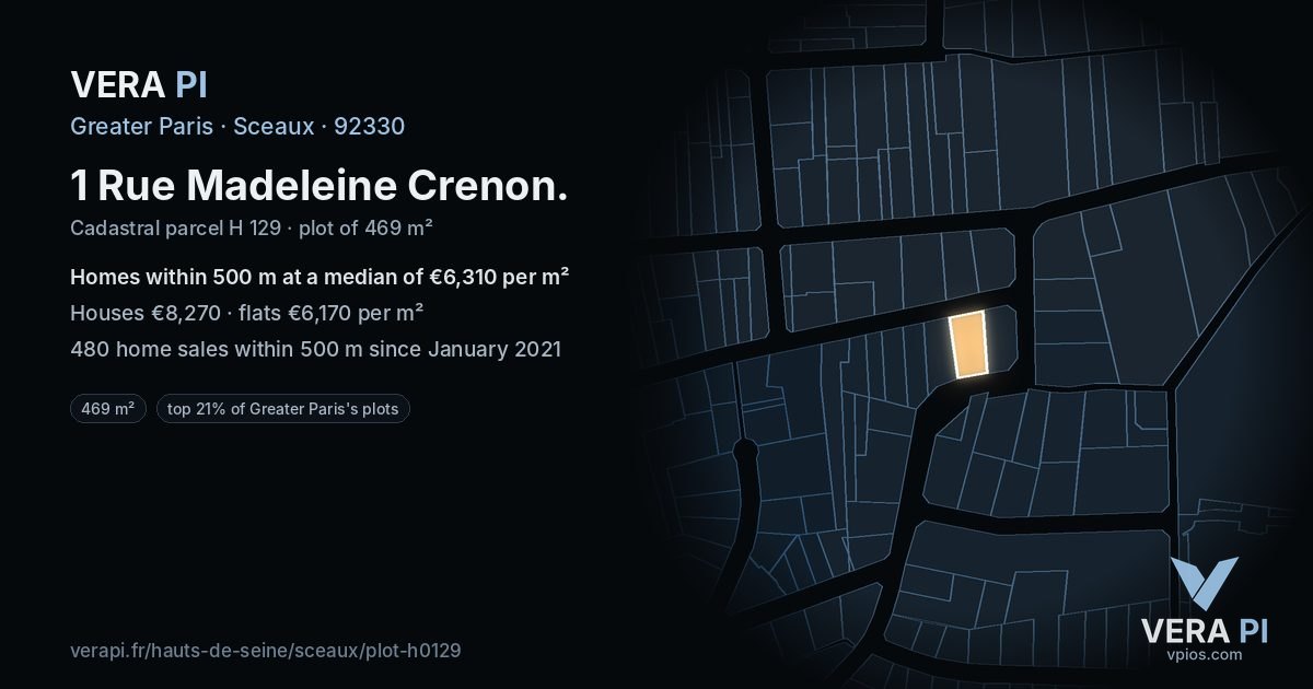 1 Rue Madeleine Crenon, Sceaux at night – the plot lit, the parcels around coloured by the prices near them