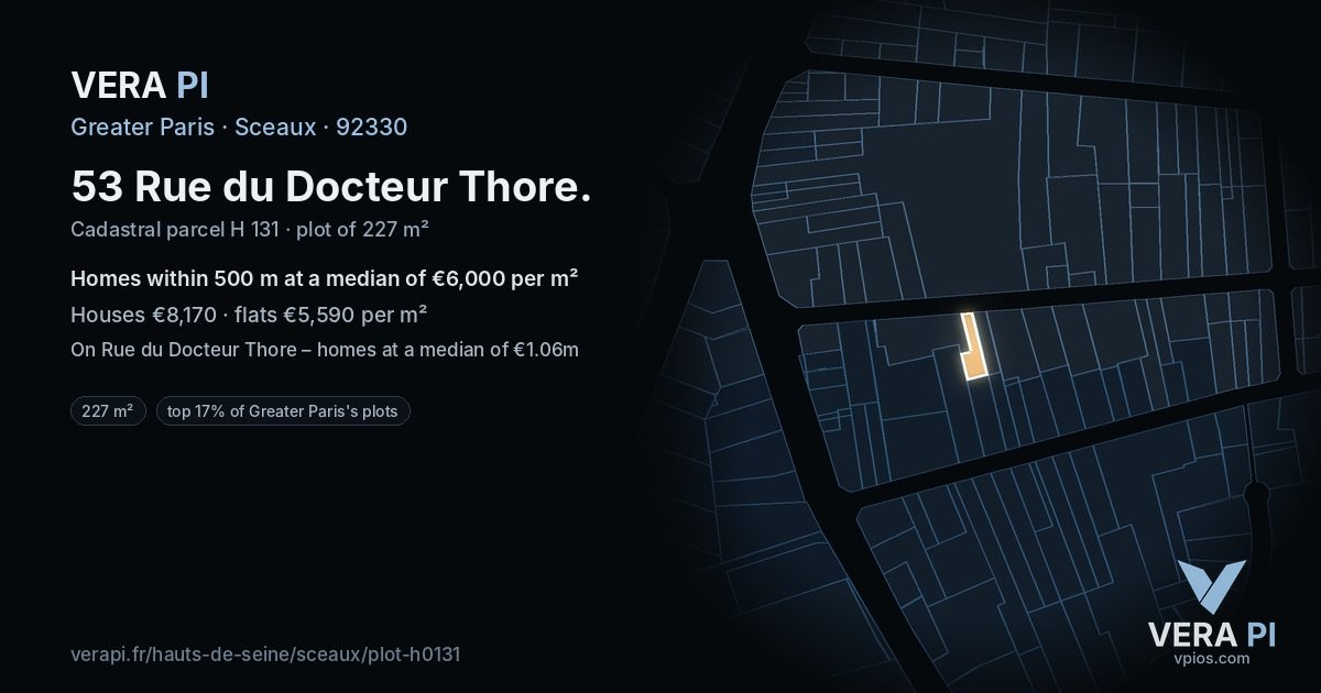 53 Rue du Docteur Thore, Sceaux at night – the plot lit, the parcels around coloured by the prices near them