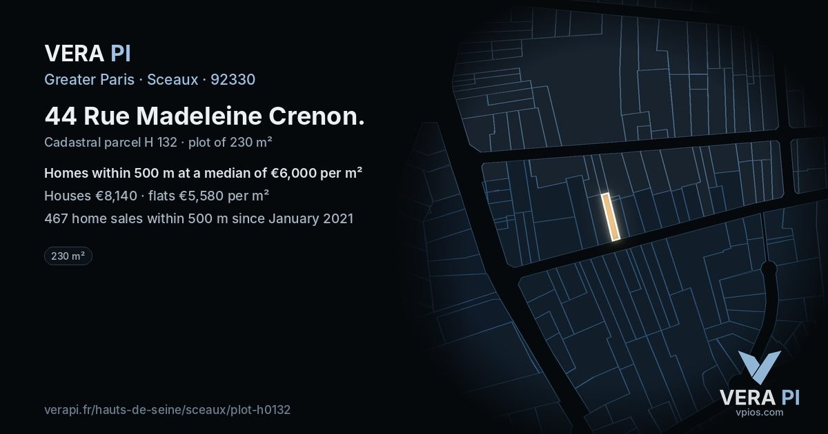 44 Rue Madeleine Crenon, Sceaux at night – the plot lit, the parcels around coloured by the prices near them
