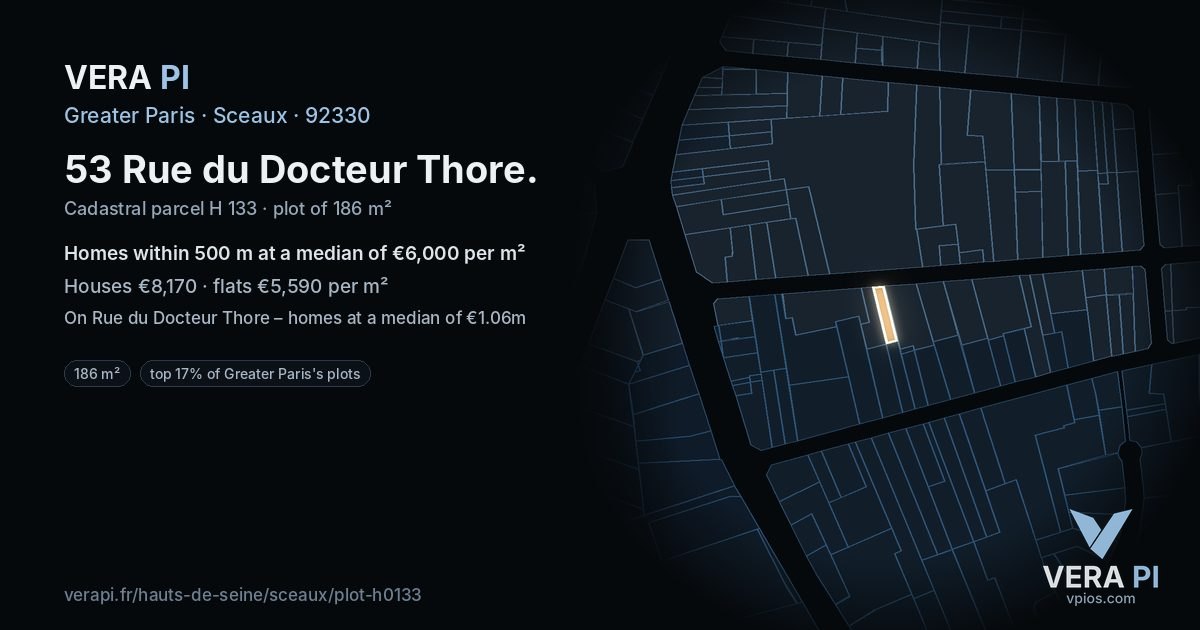 53 Rue du Docteur Thore, Sceaux at night – the plot lit, the parcels around coloured by the prices near them