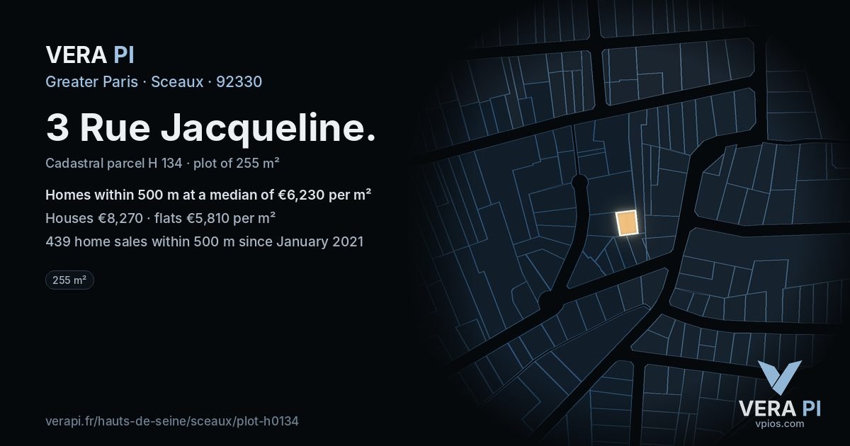 3 Rue Jacqueline, Sceaux at night – the plot lit, the parcels around coloured by the prices near them