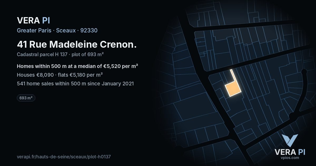 41 Rue Madeleine Crenon, Sceaux at night – the plot lit, the parcels around coloured by the prices near them