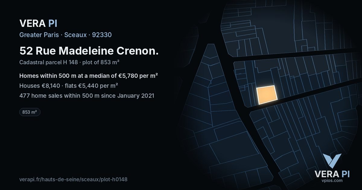 52 Rue Madeleine Crenon, Sceaux at night – the plot lit, the parcels around coloured by the prices near them