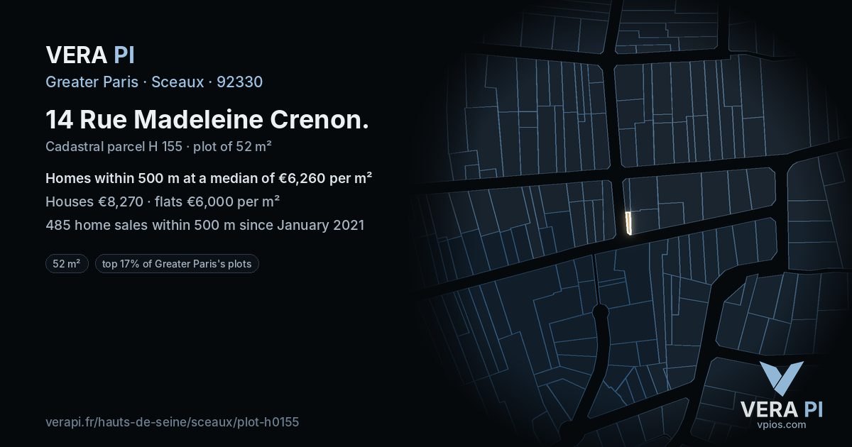 14 Rue Madeleine Crenon, Sceaux at night – the plot lit, the parcels around coloured by the prices near them