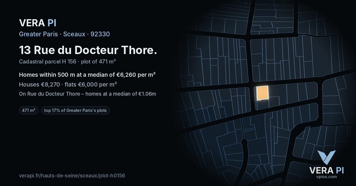 13 Rue du Docteur Thore, Sceaux at night – the plot lit, the parcels around coloured by the prices near them