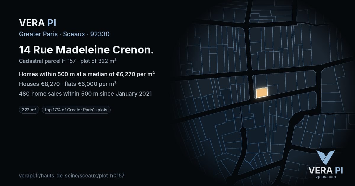 14 Rue Madeleine Crenon, Sceaux at night – the plot lit, the parcels around coloured by the prices near them