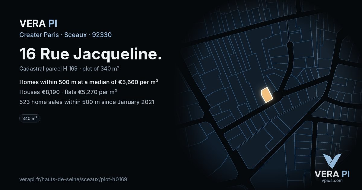 16 Rue Jacqueline, Sceaux at night – the plot lit, the parcels around coloured by the prices near them