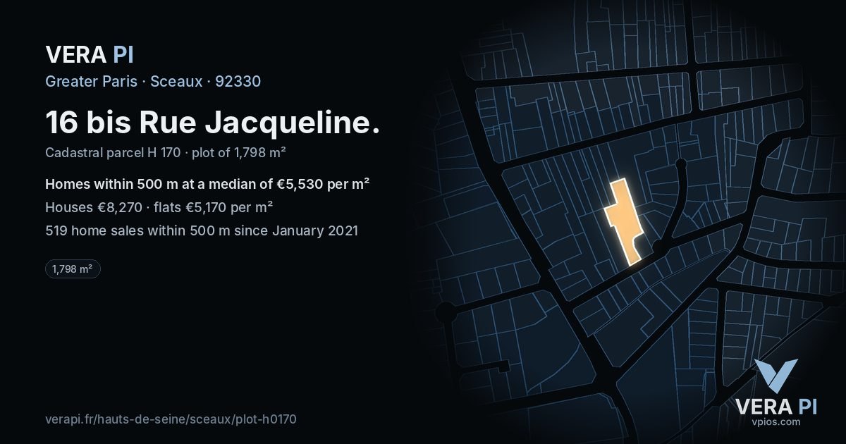 16 bis Rue Jacqueline, Sceaux at night – the plot lit, the parcels around coloured by the prices near them