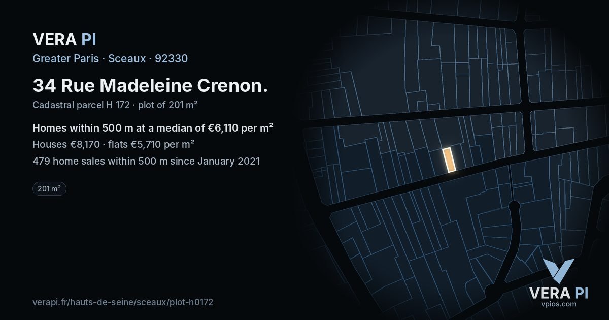 34 Rue Madeleine Crenon, Sceaux at night – the plot lit, the parcels around coloured by the prices near them