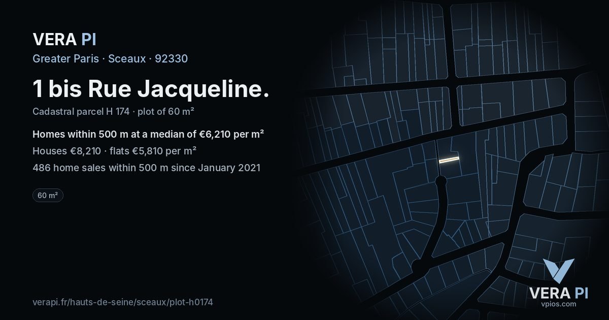 1 bis Rue Jacqueline, Sceaux at night – the plot lit, the parcels around coloured by the prices near them