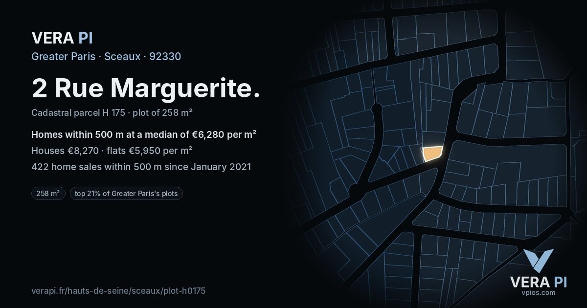 2 Rue Marguerite, Sceaux at night – the plot lit, the parcels around coloured by the prices near them