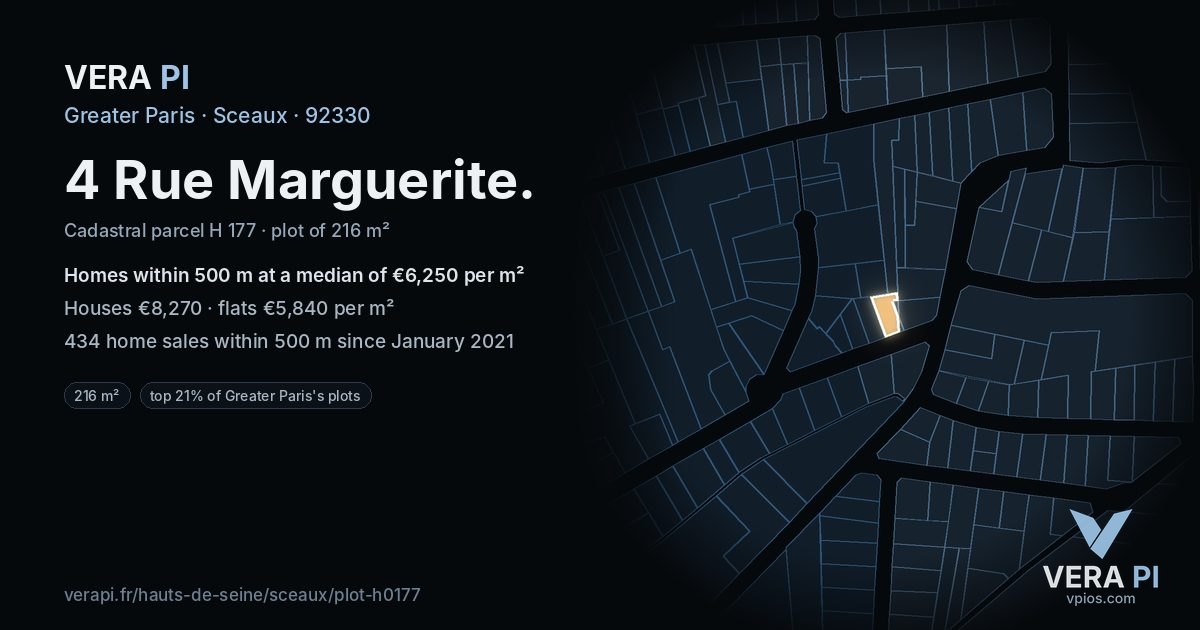 4 Rue Marguerite, Sceaux at night – the plot lit, the parcels around coloured by the prices near them