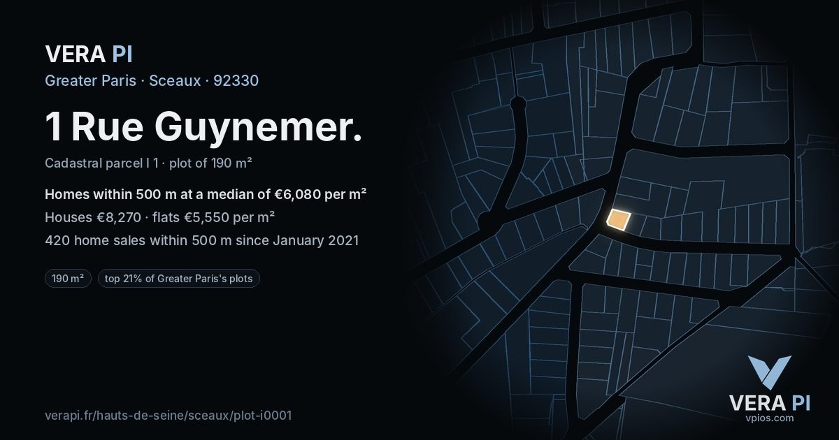 1 Rue Guynemer, Sceaux at night – the plot lit, the parcels around coloured by the prices near them