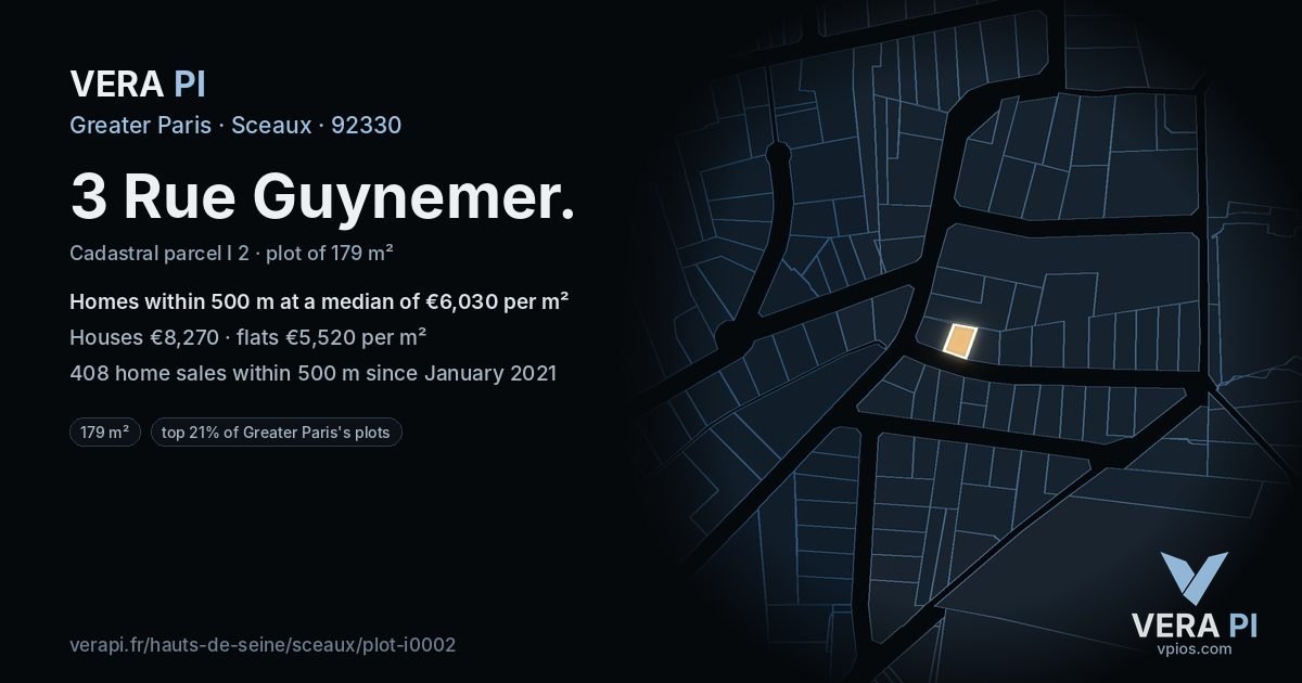 3 Rue Guynemer, Sceaux at night – the plot lit, the parcels around coloured by the prices near them