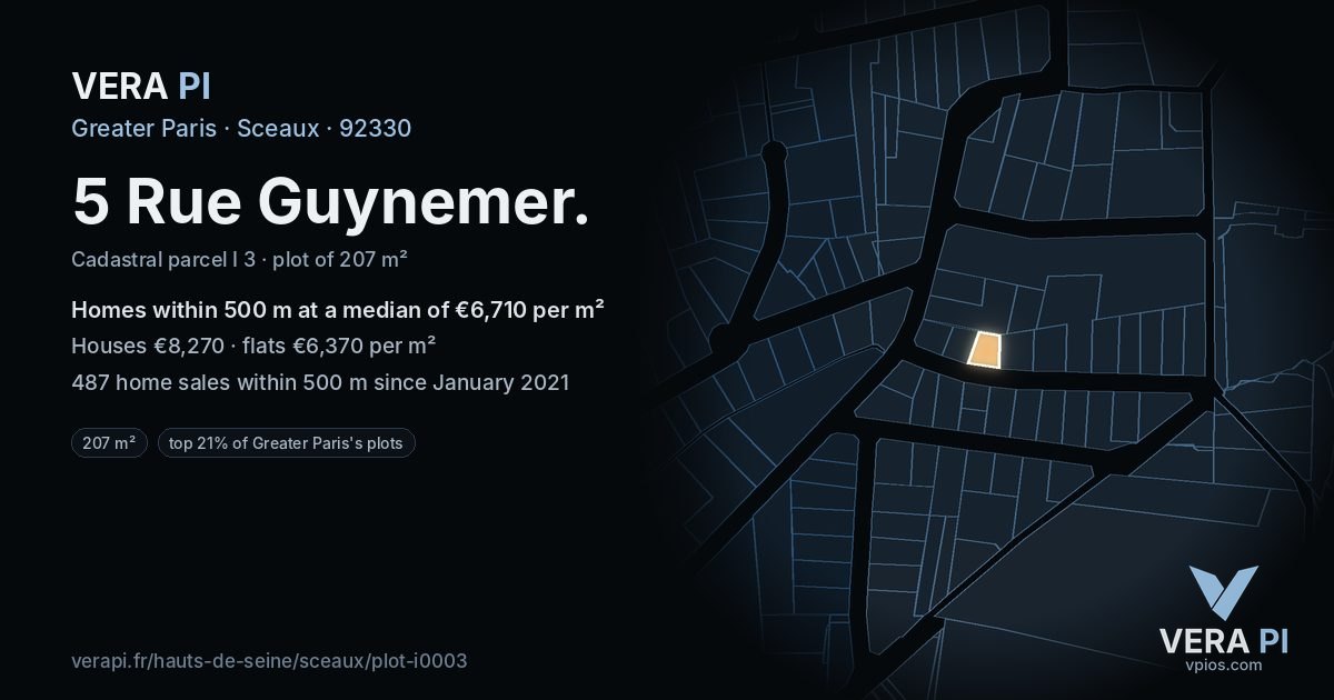 5 Rue Guynemer, Sceaux at night – the plot lit, the parcels around coloured by the prices near them