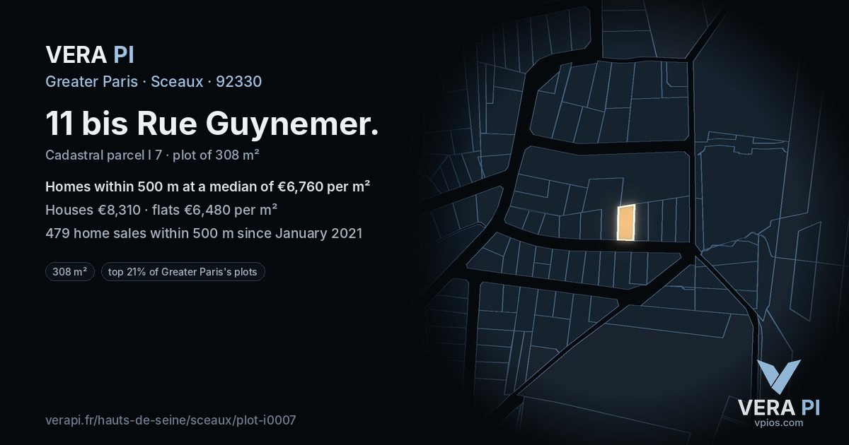 11 bis Rue Guynemer, Sceaux at night – the plot lit, the parcels around coloured by the prices near them
