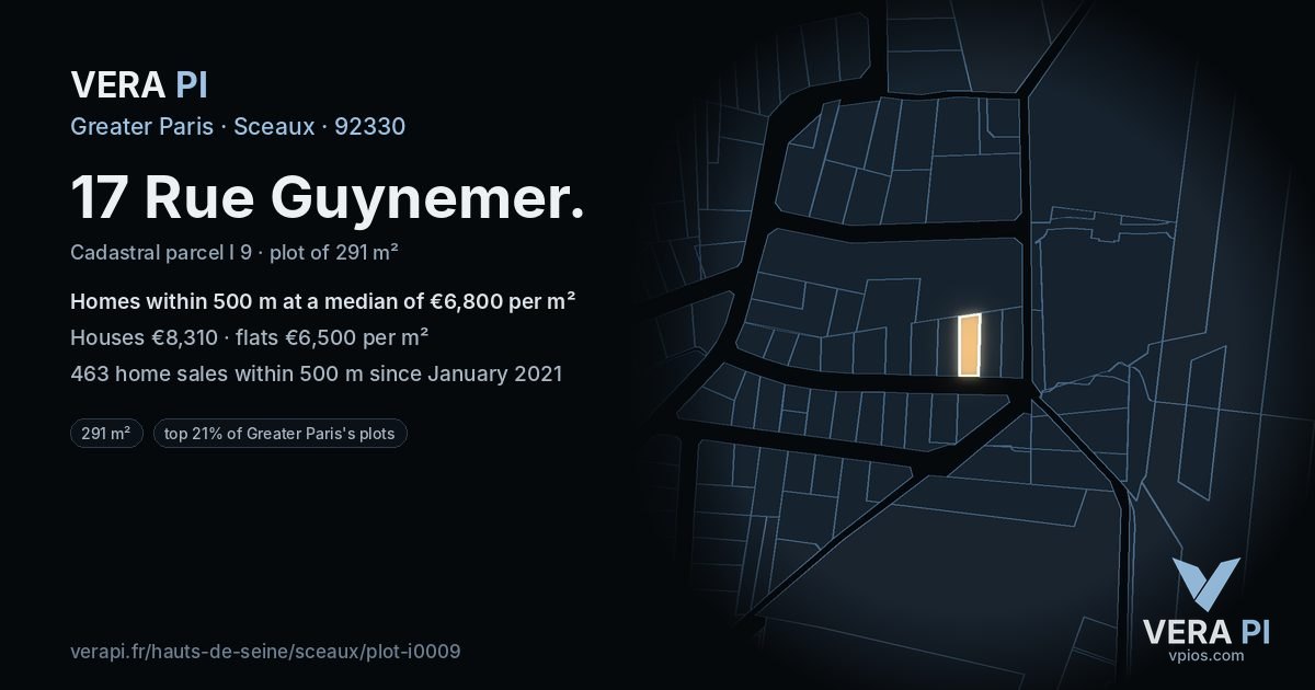 17 Rue Guynemer, Sceaux at night – the plot lit, the parcels around coloured by the prices near them