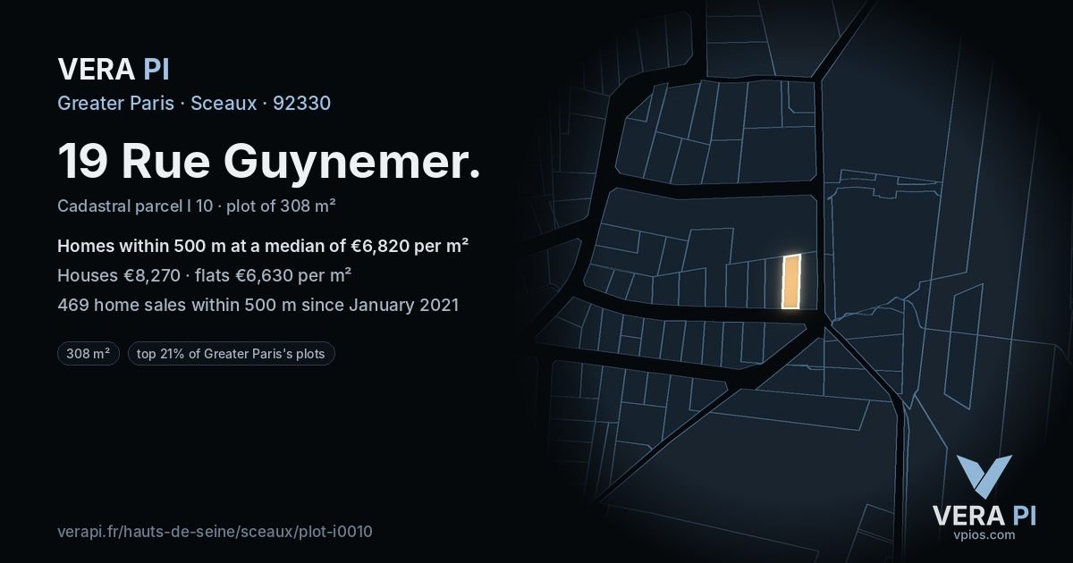 19 Rue Guynemer, Sceaux at night – the plot lit, the parcels around coloured by the prices near them
